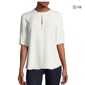 Theory Off-White Silk Split-Neck Short Sleeve Blouse